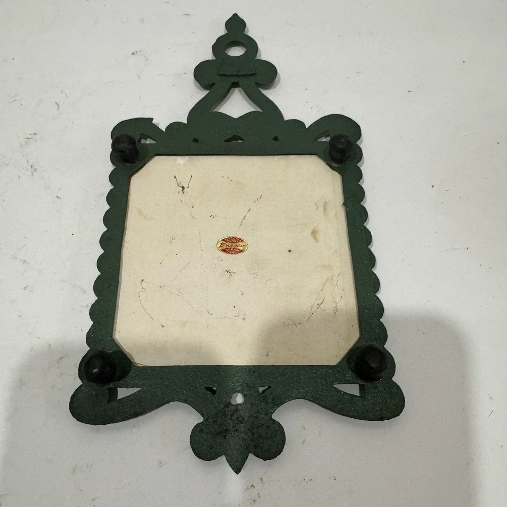 Pair Vtg 70s Ceramic Tile Cast Iron Trivet Green Orange Ladybugs Flowers Japan